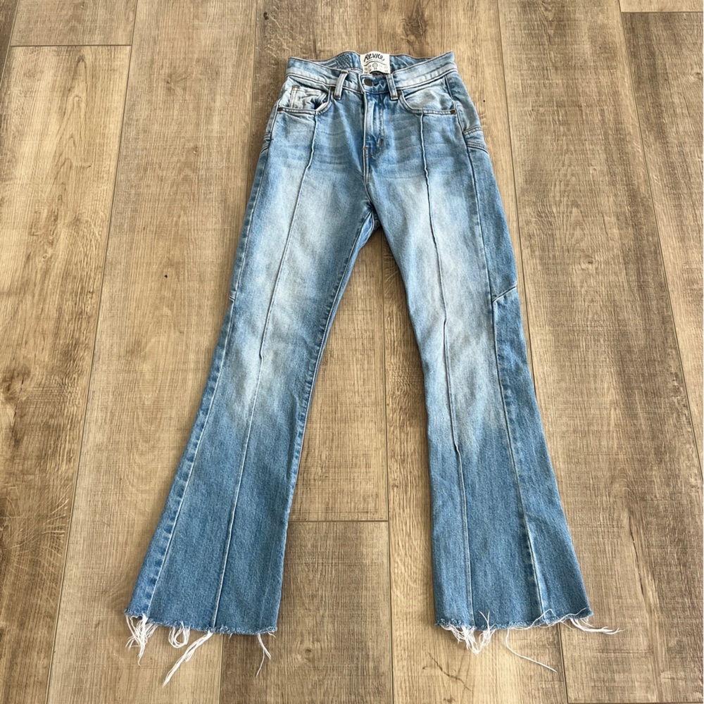 Revice Blue Denim Jean WMN size 25 Flared Frayed Hem American Made IN 27” R10.5”